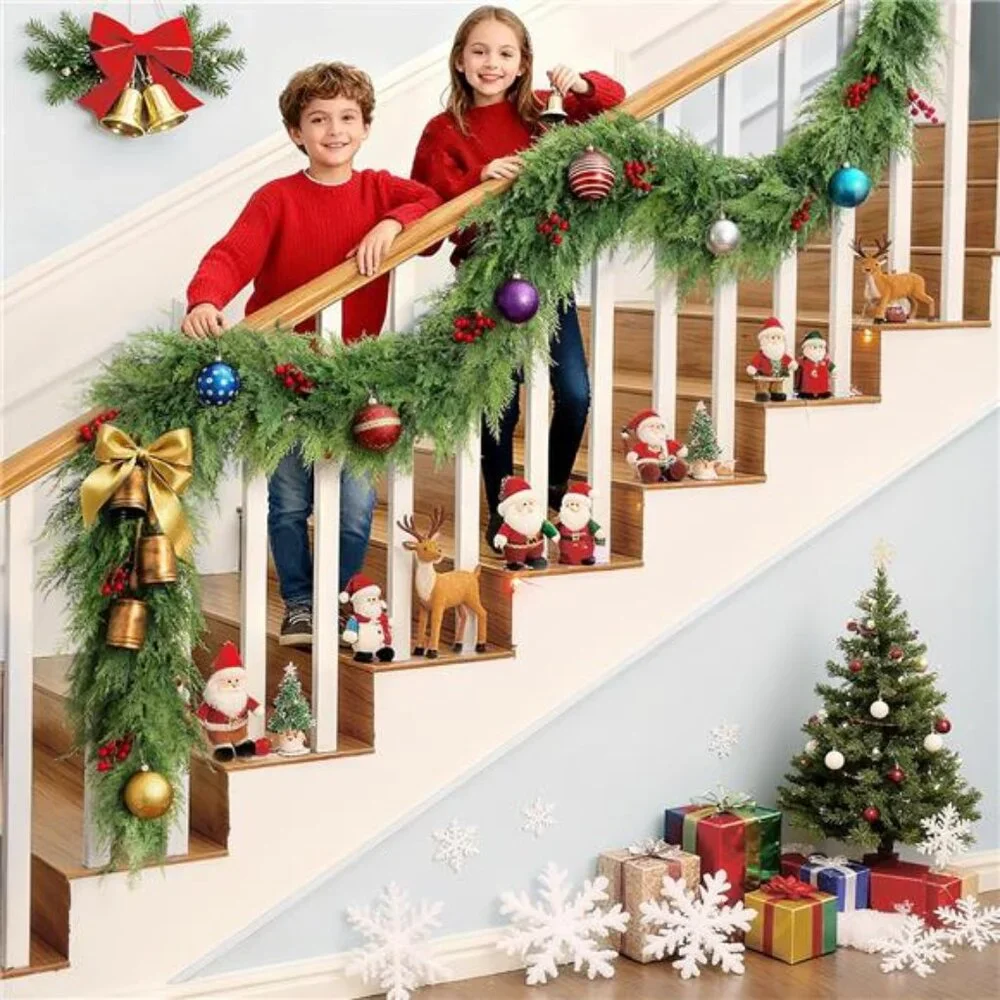 9Ft Christmas Garland, Artificial Cedar Cypress Garland with Red Berry